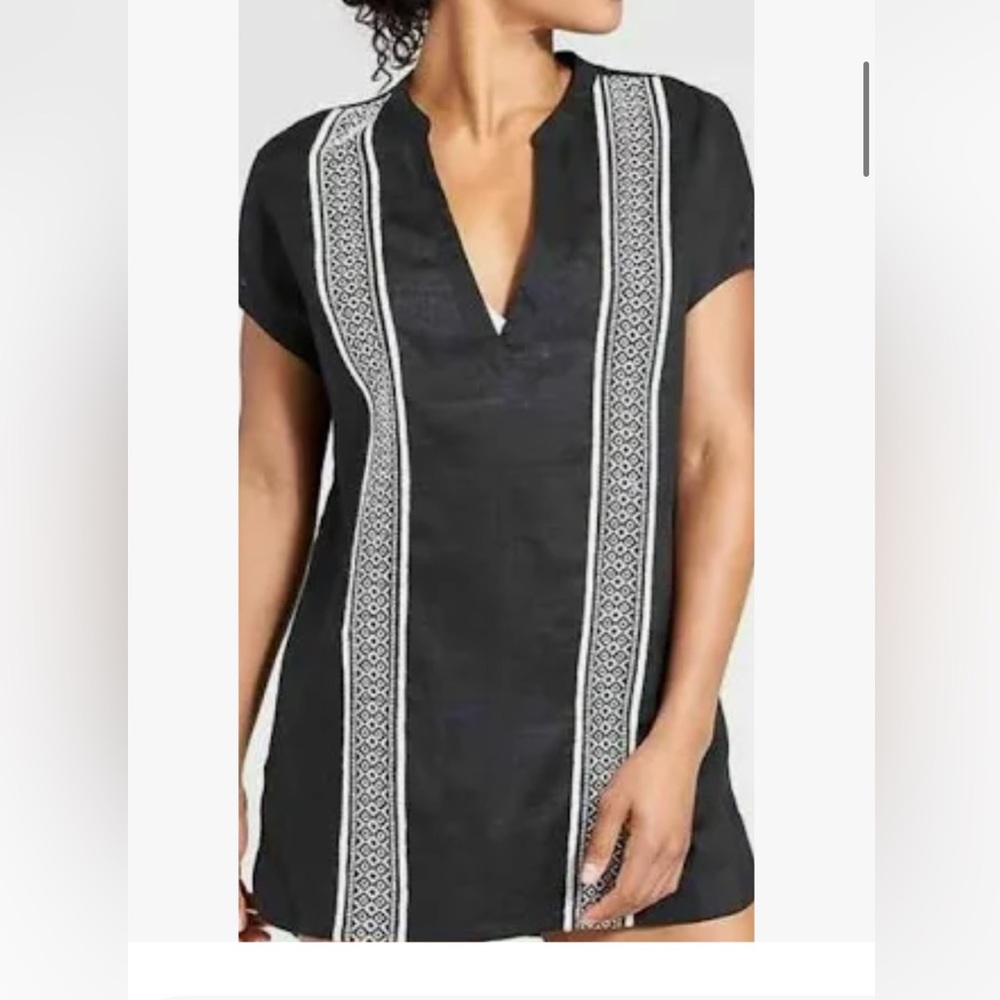 Athleta Womens XXS Dress Straight Black White kaftan V-Neck Embroidery